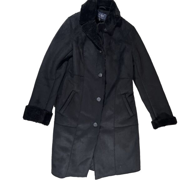 Armani Jeans Black Faux Fur Lined Long Coat Overcoat Button Front Women's 4 - Picture 1 of 10